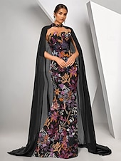 voordelige GROEN-Lichtblauwe Cape Jurk Zeemeermin  Trompet Avondjurk Elegante Jurk Formele Bruiloft Vloerlengte Mouwloos Strapless Stretch Crepe met Beading Kant