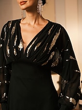 cheap Plain Dress-Women&#039;s Long Dress Sheer Feather Print Sleeves V-neck Black Festive Party Elegant Maxi Winter Fall Clothing Apparel