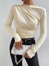 preiswerte Einfarbiges T-Shirt-Damen Bluse Einfarbig Elegant Stilvoll Basic Langarm Rundhalsausschnitt Normale Oberteile Täglich Gerafft Schwarz Weiß Braun Hellgrau Aprikose Sommer Frühling