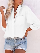 billige Kvinne Enkle Topper-Dame Skjorte عادي Stilfull Fritid Langermet Skjortekrage Vanlige topper Daglig Knapper Svart Hvit Rosa Grå Sommer Vår