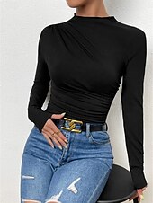 preiswerte Einfarbiges T-Shirt-Damen Bluse Einfarbig Elegant Stilvoll Basic Langarm Rundhalsausschnitt Normale Oberteile Täglich Gerafft Schwarz Weiß Braun Hellgrau Aprikose Sommer Frühling