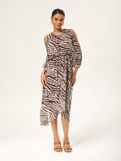 levne Květinové šaty-Dámské Žena Volnočasové šaty Hnědá Zebra tisk Studené rameno Léto Jaro Tričkový Elegantní XS S M