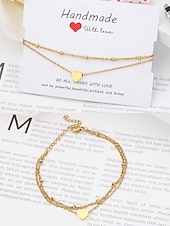 abordables Bracelet pour femme-Bracelet de cheville double couche avec pendentif cœur en or pour femme – bijou délicat pour la plage avec chaîne perlée pour les sorties estivales et les vacances