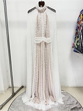 baratos BRANCO-Vestidos de quinceanera em A-line vestido elegante casamento convidada de casamento comprimento do chão mangas longas gola alta tule costas nuas com pregas