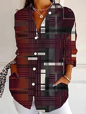 abordables Tops à Rayures et Géométriques pour Femmes-Femmes Chemise Graphique Géométrique Rayé ancien Tropical Quotidien manche longue Col de chemise Hauts Réguliers Travail Quotidien Fête Boutons Imprimé Vin Rouge Kaki Été Printemps Automne