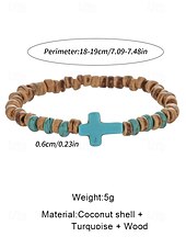 olcso Férfi ékszerek-Férfi természetes fa gyöngyös karkötő türkiz kereszttel – kézzel készített bohém rugalmas csuklópánt hétköznapi viseletre, nyári szettekhez és strandhangulathoz