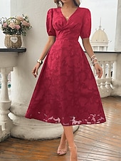 abordables Robe Simple-Femmes Robe Midi Robe trapèze Vacances Occasionnel Boho Extérieur Sortir Plage Coupe Ample Couleur Unie manche longue Col en V Noir Rouge Bleu Marron Été Printemps