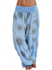 baratos perna larga e cintura alta-Mulheres Calças Calças Harem Calça Palazzo Moda Boho Comprimento total Cintura Média Imprimir Cintura elástica Confortável Micro-Elástica Rua Roupa Diária Para Noite Preto Amarelo Verde Tropa Azul