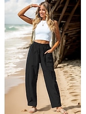 preiswerte Schlichte Hose aus Baumwollleinen-Damen Hose aus Baumwollleinen Basic Volle Länge Hohe Taille Einfach Tasche Komfort Außenbereich Mikroelastisch Urlaub Straße Lässig Schwarz Rosa Wein Marineblau Sommer Frühling Herbst Lässiger Schnitt