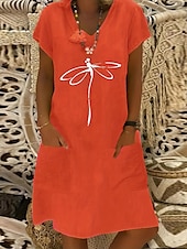 abordables Robes Bohémiennes-Femmes Robe Midi Robe en lin Robe Décontractée Robe bohème Robe Imprimée Élégant Mode Classique Manches bouffantes Vacances Fête Robe d&#039;Automne Coupe régulière Lettre Abstrait Manche Courte Col en V