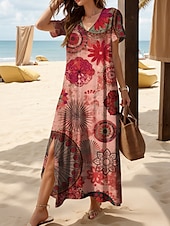 tanie Sukienki boho-Damskie Sukienka midi Codzienne sukienki Sukienka letnia Sukienka A line Letnie sukienki Bohema Urlop Codzienny Plaża Luźna Graficzny Boho Paisley Damask Krótki rękaw W serek Żółty Czerwony Niebieski