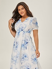 abordables Robes fleuries élégantes-robe longue en mousseline délavée à fleurs bleues