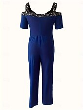 cheap Art&amp;Design Jumpsuit-Women's Normal Jumpsuit Elegant Geometric Short Sleeve Wide Leg V Neck Patchwork High Waist Party Work Regular Fit Black Wine Blue Summer