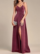 preiswerte Kleider für Hochzeitsgäste-A-Linie Hochzeitsgast Kleider Elegantes Kleid Hochzeitsgast Verlobung Bodenlang Ärmellos V-Ausschnitt Lurex-Stoff mit Falten Raffung Schlitz