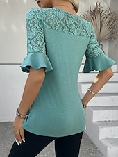 voordelige Kant Tops-Dames Kanten overhemd Effen Kleur Stijlvol Casual Halve mouw Strakke ronde hals Normale tops Dagelijks Kant Lapwerk Zwart Blozend Roze Paars Groen Zomer