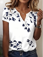 levne tričko umění a designu-dámské tričko henley shirt basic potisk listů krátký rukáv běžné topy do výstřihu dovolená víkend bílá růžová tmavě modrá modrá