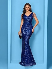 abordables BLEU-Robes de Quinceanera sirène  trompette élégantes formelles pour mariage longueur de sol sans manches en V sequins avec sequins