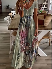 abordables Robes Boho-Femmes Robe Midi Robe d&#039;Été Robe trapèze Vacances Occasionnel Boho Sortir Plage Coupe Standard Fleuri Graphique Manche Courte Col en V Gris vert Blanche Vert Claire Rouge Été Printemps