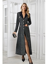 voordelige Vloerlengte-Zwart en Wit Tweekleurig Blazerjurk Tuxedojurk Bruid van de Moeder Jurk Elegante Simpele Luxe V-hals Revers Vloerlengte Split Lange Mouw met Metalen Knopen