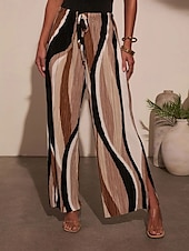 preiswerte weites Bein und hohe Taille-Damen Weites Bein Stoffhosen Streetwear Lässig Volle Länge Natürliche Taille Geometrie Elastisches Kordelzugdesign Bequem Außenbereich Urlaub Ausgehen Braun Herbst Normale Passform