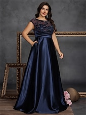 baratos AZUL-A-Line Vestidos Plus Size Elegante Vestido de Curvas Formal Casamento Comprimento do Chão Sem Mangas Decote Redondo Cetim com Plissados 2025