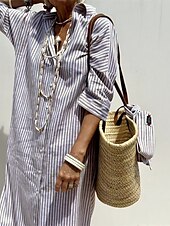 abordables concevoir des robes en coton et lin-Femmes Robe Midi Robes inspirées du lin Robe Chemise Robe Décontractée Mode Moderne Quotidien Plage Week-end Coupe régulière Rayé manche longue Col de chemise Rose Claire Marron clair Bleu Ét
