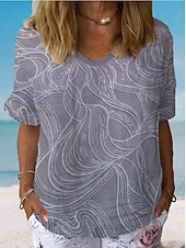 voordelige Stripe &amp; Geometrische t-shirt-Dames Overhemd Grafisch Geometrisch Gestreept Stijlvol Klassiek Casual Korte mouw V-hals Normale tops Dagelijks Strand Kleding Vakantiekleding Afdrukken blauw Grijs Zomer Lente