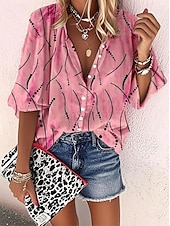 preiswerte Damen Streifen- und geometrische Oberteile-Damen Bluse Grafik Geometrisch Elegant Täglich Stilvoll Dreiviertelarm Hoher Ausschnitt Normale Oberteile Knöpfe Druck Weiß Gelb Rosa Blau Sommer Frühling
