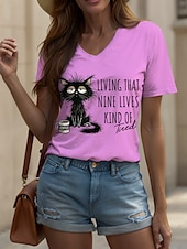 economico Maglietta di Umorismo &amp; Citazioni-Per donna Maglietta Grafico Animale Gatto Vintage Elegante Classico Manica Corta Scollo a V Top Regolari Quotidiano Stampato Nero Bianco Rosa Rosso Blu Estate Primavera
