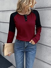 お買い得  ストライプ＆ジオメトリックTシャツ-女性用 ブラウス カラーブロック スタイリッシュ カジュアル 長袖 クルーネック レギュラートップス 日常 パッチワーク ボタン イエロー ワイン 夏 春
