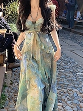voordelige Elegante bloemenjurken-Dames Lange jurk maxi-jurk Jurk met print Modern Vakantie Feestdagen Teaparty Normale pasvorm Bloem Mouwloos V-hals Groen Zomer
