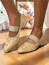 abordables Années 1950-Ballerines Mary Jane en jacquard doré pour femme avec bride élastique – Chaussures à talons bas élégantes de style vintage des années 1950 pour mariages, goûters et occasions formelles