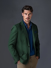 billige Lin blazer-Herre Blazer i lin Sport Coat Halskrage Mote Fritid Ensfarget Blazer i lin Blå Militærgrønn Standard passform Enkelt Brystet Enn-knapp