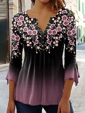ieftine Topuri florale-Pentru femei Bluză Ombre Floral Grafic Elegant Lungime Manșon 3/4 În V Topuri obișnuite Zilnic Ieșire Nasturi Roz Îmbujorat Albastru piscină Trifoi Primăvară Toamnă
