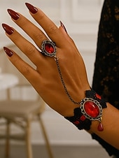 billige Halloween-tilbehør-gotisk blonderarmbåndsring satt med rød edelsten, vintage kjedehåndsmykke til halloweenfest, cosplay og antrekk i retrostil
