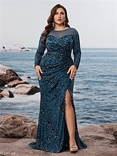 preiswerte BLAU-Meerjungfrau  Trompeten Plus Size Kleider ElegantesKurvenkleid Formal Hochzeit Bodenlang Lange Ärmel Rundhals Polyester mit Schlitz