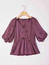 cheap Blouses &amp; Shirts-V-Neck Puff Sleeve Peplum Top