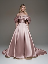 baratos Champanhe-Vestido de Festa em A-Line Gola Alta Vestido Elegante Formal para Casamento Cauda de Corte Sem Mangas Ombros à Mostra Cetim Stretch com Pregas e Ruchado