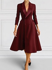 cheap Tea Length-A-Line Blazer Dress Mother of the Bride Dress Tuxedo Dress Elegant Simple Minimalist V Neck Peak Lapel Tea Length Midi Length Flap Pockets Stretch Crepe 3/4 Length Sleeve with Covered Buttons