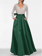baratos PRETO-Vestido de noite elegante e formal com lantejoulas, corte A, para convidada de casamento, comprimento até o chão, manga comprida, decote em V, bolso, cetim com fenda brilhante 2025