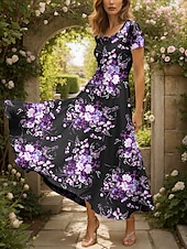 preiswerte Blumenkleider-Damen Maxikleid Strickkleid Freizeitkleid A Linie Kleid Sommerkleid Elegant Urlaub Lässig Normale Passform Blumen Grafik Kurzarm Quadrathals Rundausschnitt Gelb Rote Blau Purpur Sommer Frühling