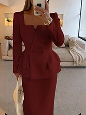 preiswerte Mamas Kleidersets-Zweiteiliges Fisch  Trompete Mutter der Braut Kleid Elegantes Peplum Kleid Set Einfach Minimalistisch Quadrat-Ausschnitt Tee Länge Krepp Stretchstoff Lange Ärmel mit einfarbig