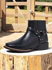 abordables Cowboy et bottes occidentales-bottines pour femmes avec fermeture éclair latérale et détail de sangle, similicuir, chaussures de travail de style occidental pour les tâches agricoles en plein air, la fête des récoltes et le port quotidien