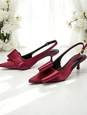 baratos cocktail-sapatos femininos de salto alto de cetim vermelho, bico fino e laço grande para eventos formais e ocasiões noturnas