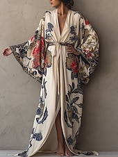 levne Boho šaty-Dámské dlouhé šaty maxi šaty boho šaty ležérní šaty swingové šaty prázdninové šaty módní moderní denní prázdninové plážové šaty regular střih květinový vzor s dlouhým rukávem výstřih do V vínově červená tmavě modrá královská modrá léto jaro