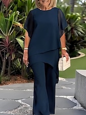 olcso Női blúz öltönyök-Női Elegáns Divat Utcai sikk Nadrág szettek Rövid ujjú Terített nyak Tömör szín Többrétegű Hétköznapi Napi Sötétkék Tavasz Normál