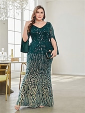 cheap CHAMPAGNE-Mermaid / Trumpet Plus Size Dresses Elegant Curve Dress Formal Wedding Floor Length Long Sleeve V Neck Polyester with Sequin