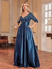 cheap BLACK-A-Line Quinceanera Dresses Elegant Dress Formal Wedding Floor Length Long Sleeve V Neck Polyester with Sequin