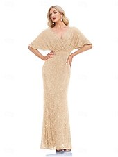 economico BLU-Abiti da festa per quindici anni sirena  tromba abito elegante formale da matrimonio lunghezza a terra maniche corte scollatura a V poliestere con glitter