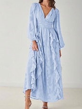 baratos Comprimento do chão-Linha A Vestido Para Mãe dos Noivos Formal Convidado do casamento Elegante Simples Minimalista Decote V Longo Chiffon Renda Manga Longa com Franzido Babados em Cascata 2025